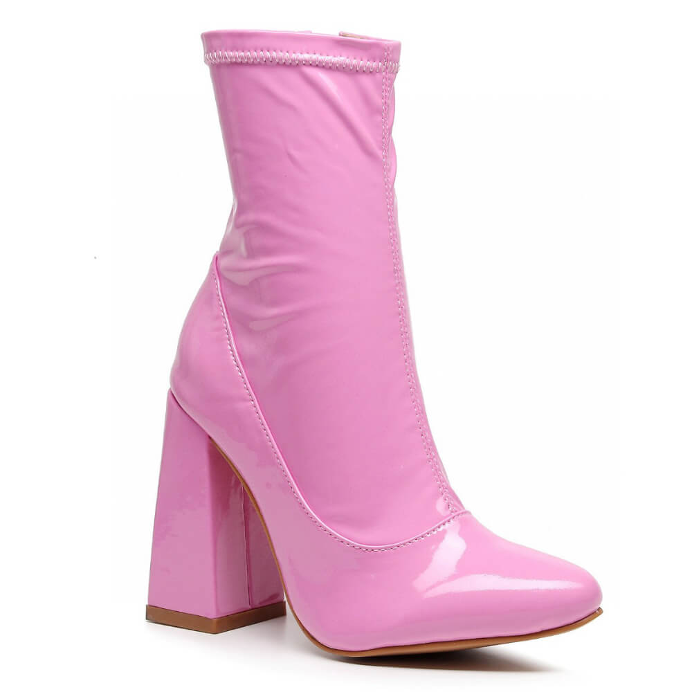 La Gogo Ankle Boot Pink Wet Look Rubber Sole 4 4.2 Flared Chunky