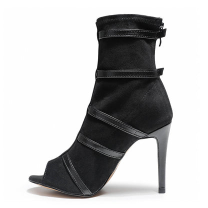 Beauty Ankle Bootie - Black Vegan Stretch Suede - Rubber Sole