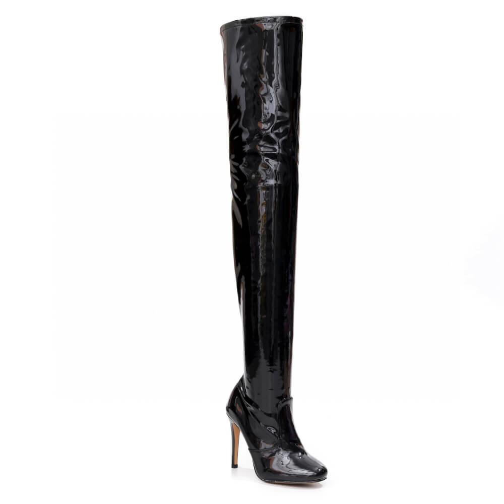 Devilla Size Inclusive - Black Vegan Patent - Street Sole - Thigh Variant One