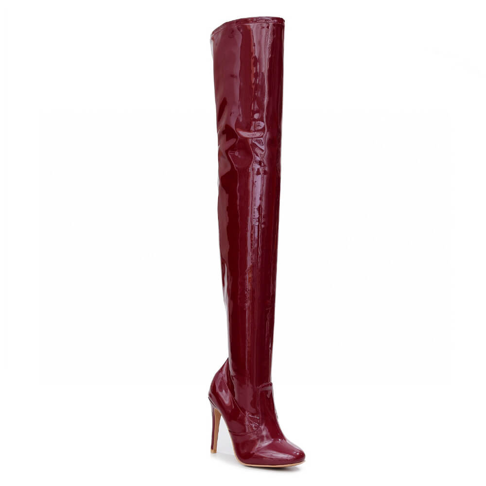 Devilla Size Inclusive - Burgundy Vegan Patent - Street Sole - Thigh Variant One