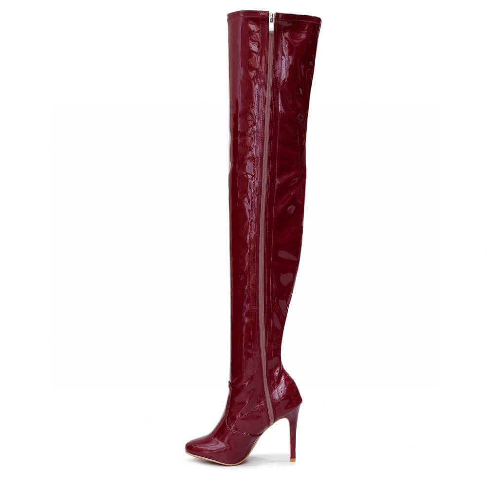 Devilla Size Inclusive - Burgundy Vegan Patent - Street Sole - Thigh Variant One