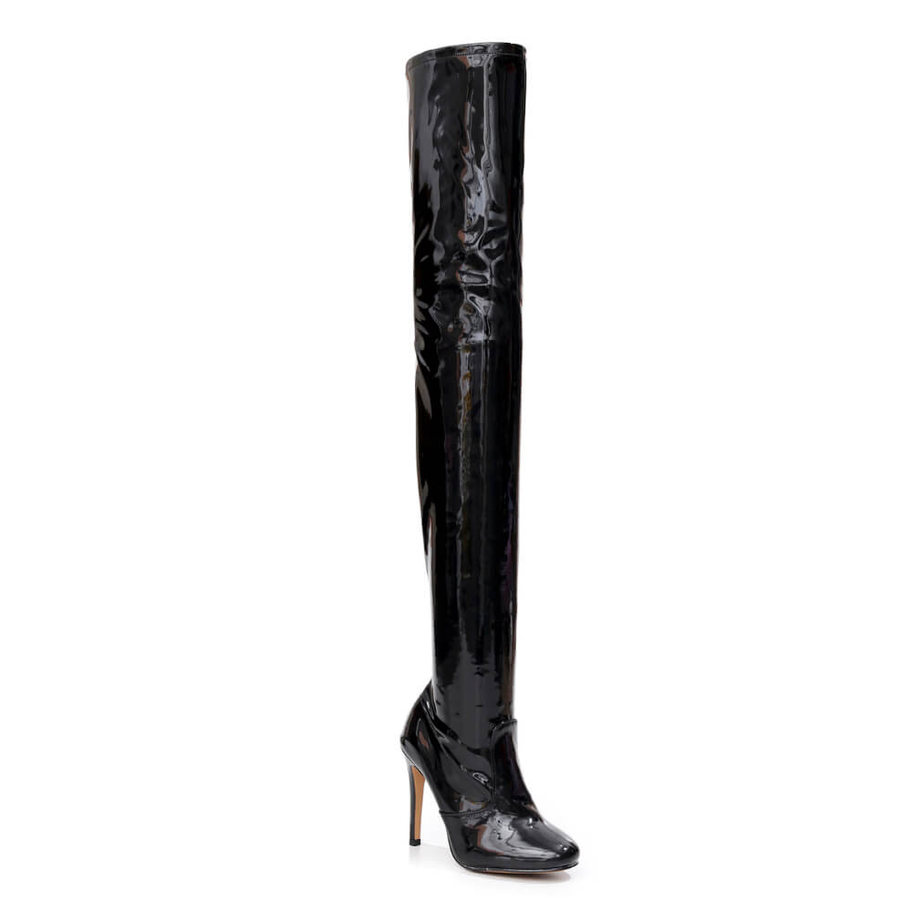 Devilla Size Inclusive - Black Vegan Patent - Street Sole - Thigh Variant Zero