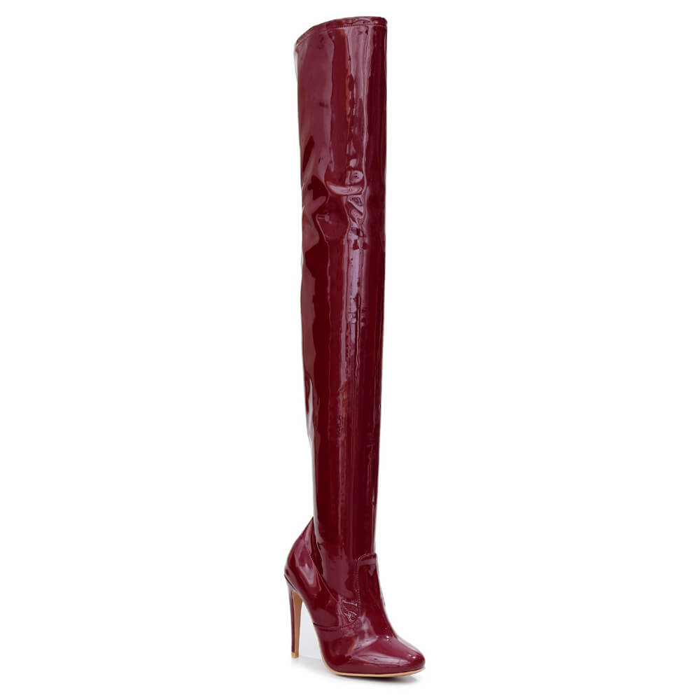 Devilla Size Inclusive - Burgundy Vegan Patent - Street Sole - Thigh Variant Zero