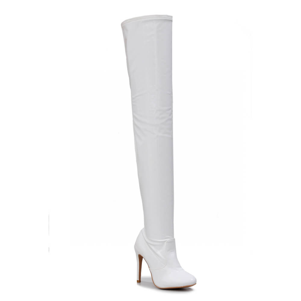 Devilla Size Inclusive - White Vegan Patent - Street Sole - Thigh Variant Zero