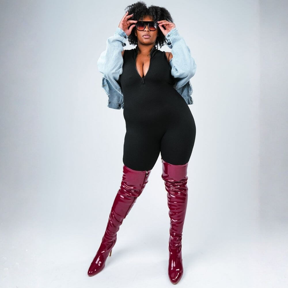 Devilla Size Inclusive - Black Vegan Patent - Street Sole - Thigh Variant Three