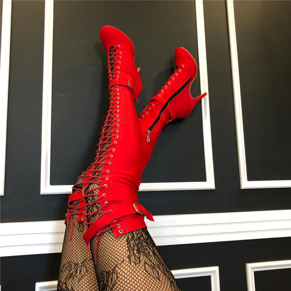 Red thigh high lace up boots on sale