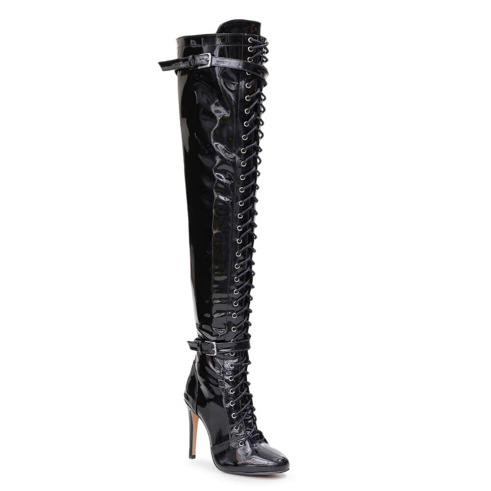 Omani Size Inclusive - Black Vegan Patent - Street Sole - Thigh Variant Three