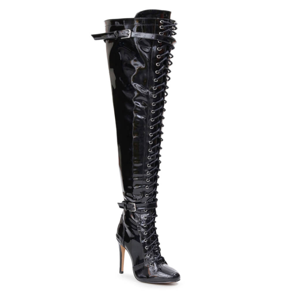 Omani Size Inclusive - Black Vegan Patent - Street Sole - Thigh Variant Six