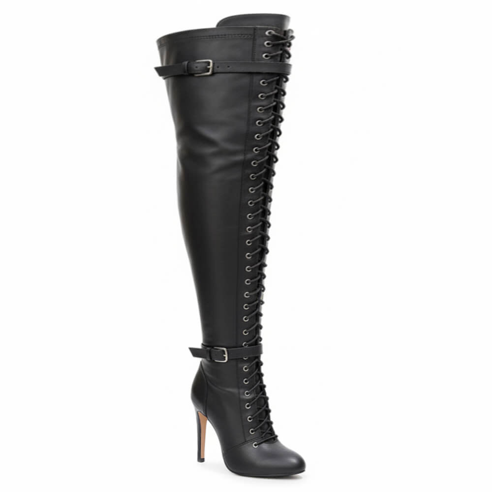 Omani Size Inclusive - Matte - Black Vegan Leather - Street Sole - Thigh Variant Six