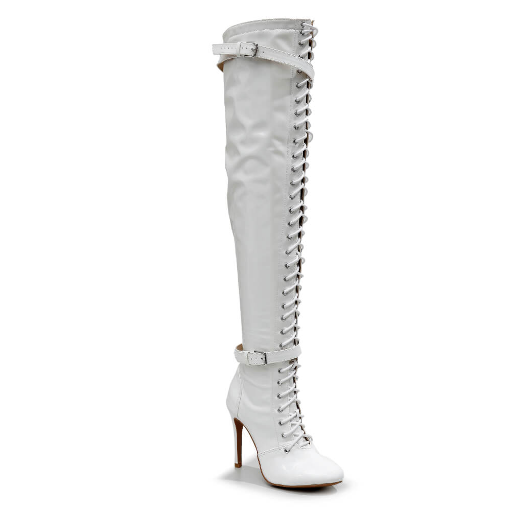 Omani Size Inclusive - White Vegan Patent - Street Sole - Thigh Variant Two