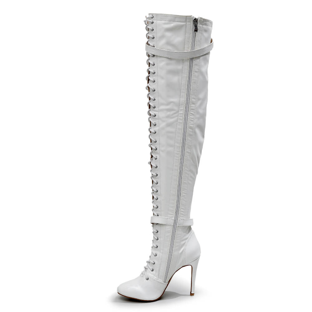 Omani Size Inclusive - White Vegan Patent - Street Sole - Thigh Variant Two