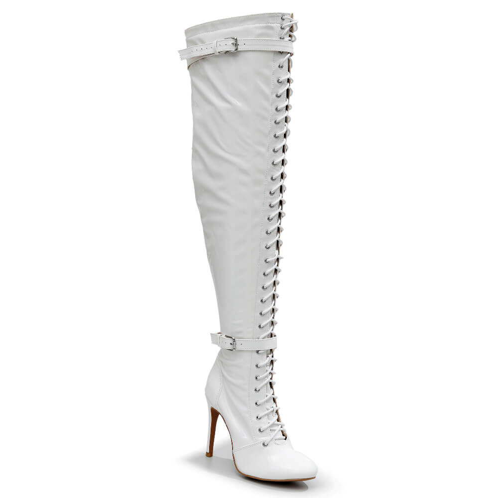 Omani Size Inclusive - White Vegan Patent - Street Sole - Thigh Variant Three