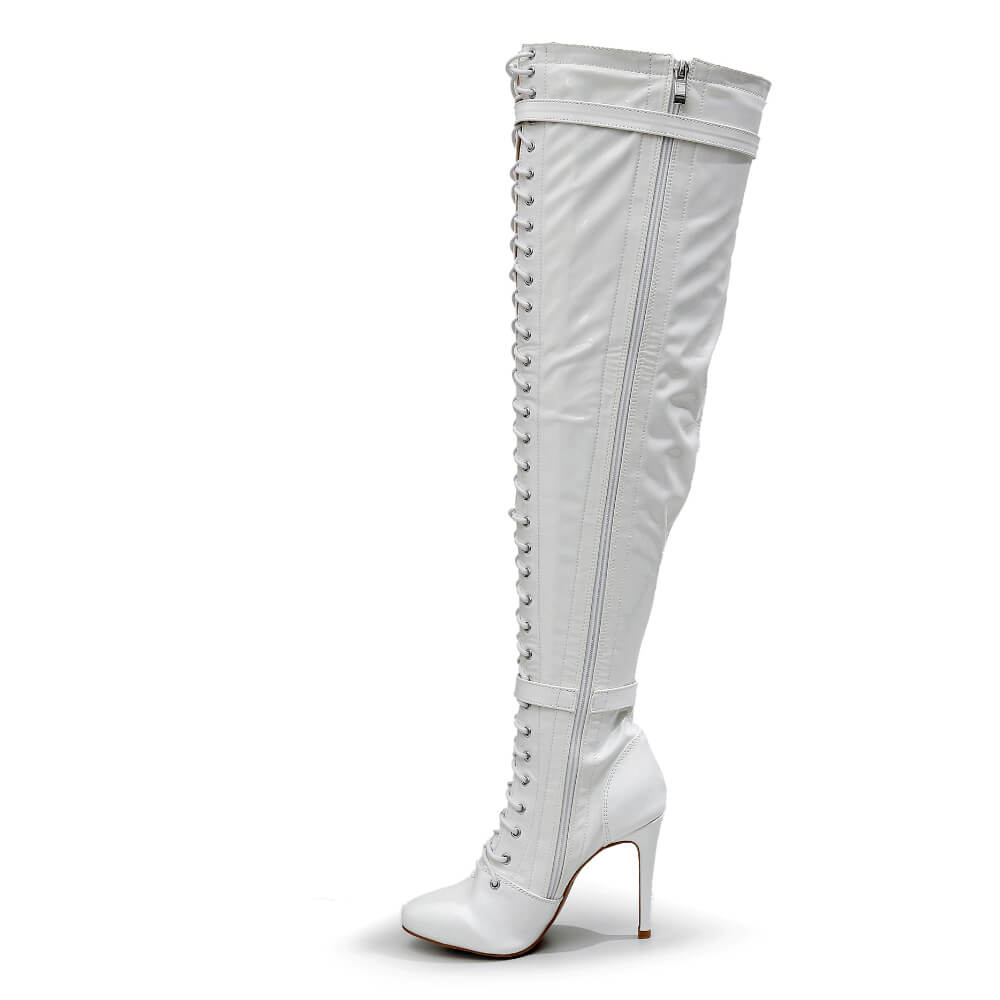 Omani Size Inclusive - White Vegan Patent - Street Sole - Thigh Variant Three