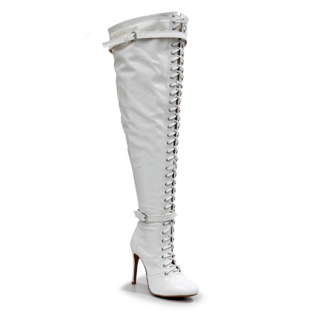 Omani Size Inclusive - White Vegan Patent - Street Sole - Thigh Variant Five