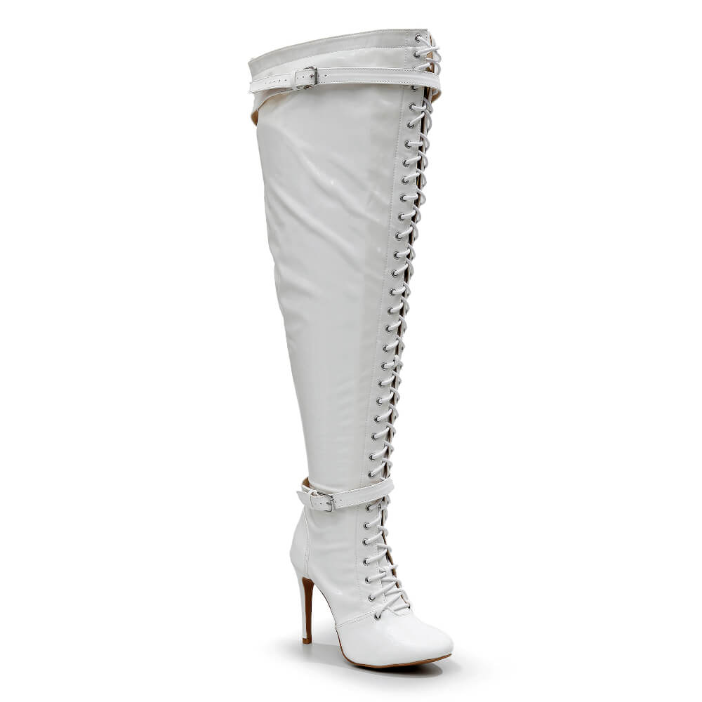 Omani Size Inclusive - White Vegan Patent - Street Sole - Thigh Variant Six