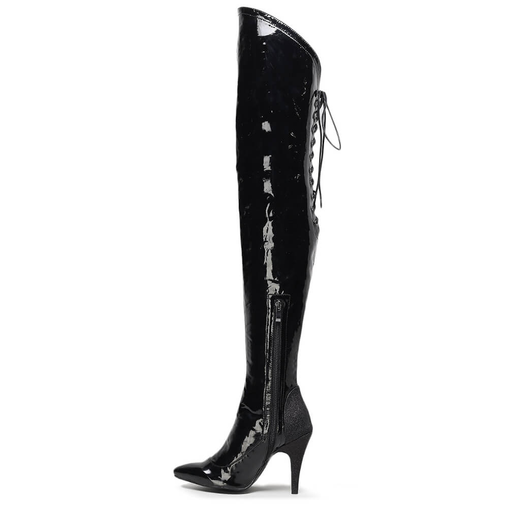 Savage Thigh High - Black Wet Look - Rubber Sole