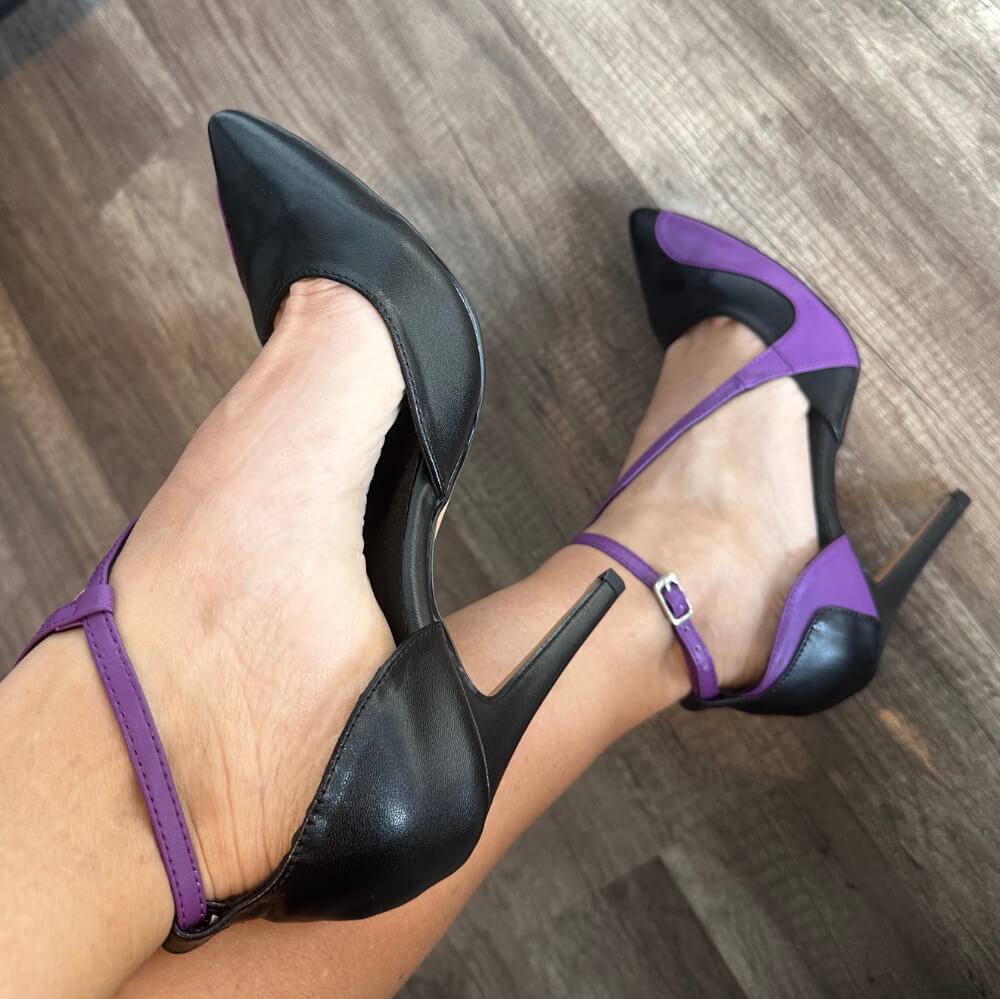 Silana - Cuir végan noir et violet - Semelle en caoutchouc