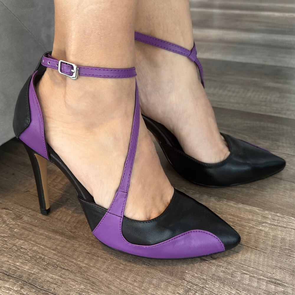 Silana - Cuir végan noir et violet - Semelle en caoutchouc