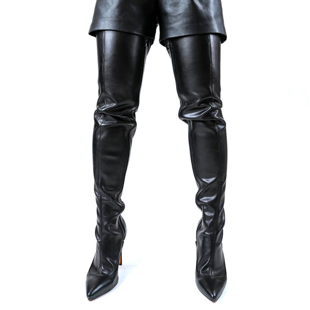 Whitneyy - Black Vegan Stretch Leather - Street Sole - Thigh Variant One