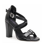 Black chunky, buckled, strappy heeled fashion shoe
