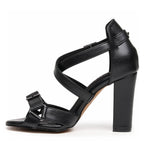 Black chunky, buckled, strappy heeled fashion shoe