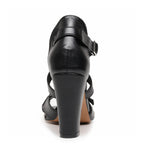 Black chunky, buckled, strappy heeled fashion shoe