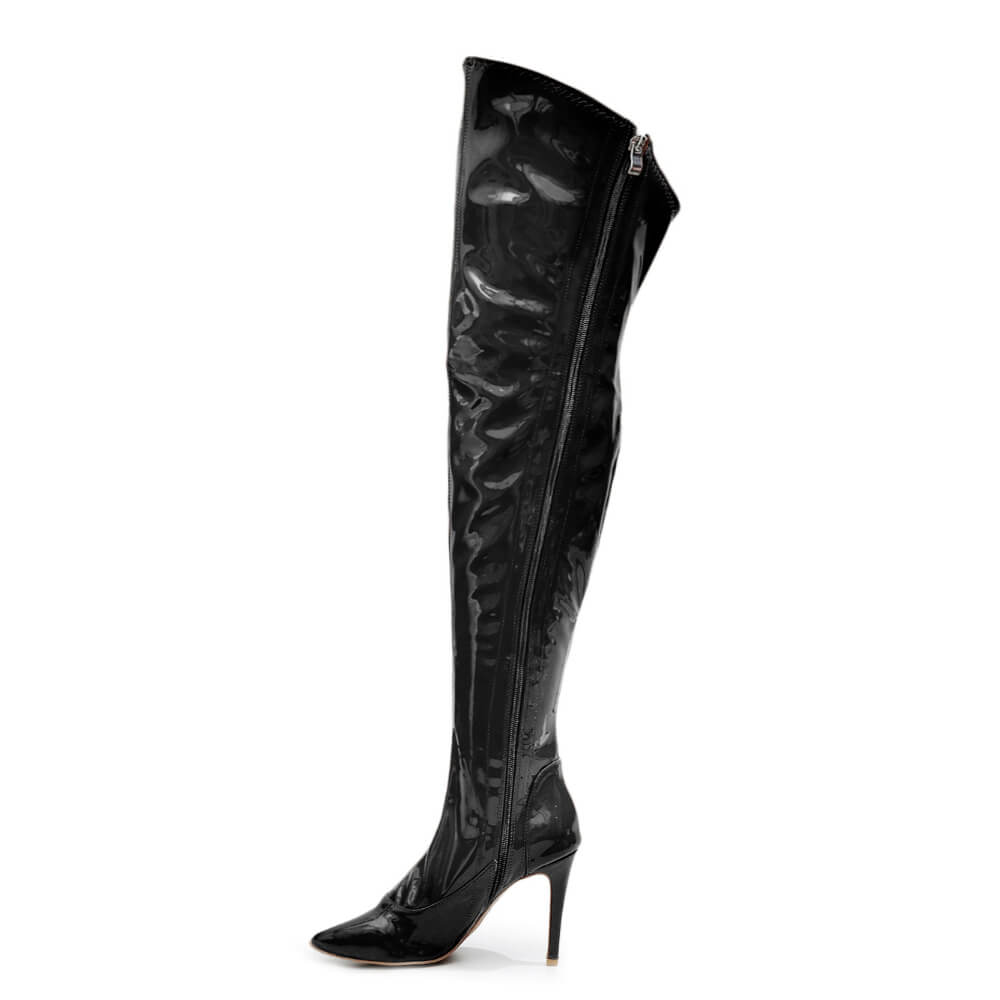 Courtneyy - Black Vegan Patent - Street Sole - Thigh Variant Two