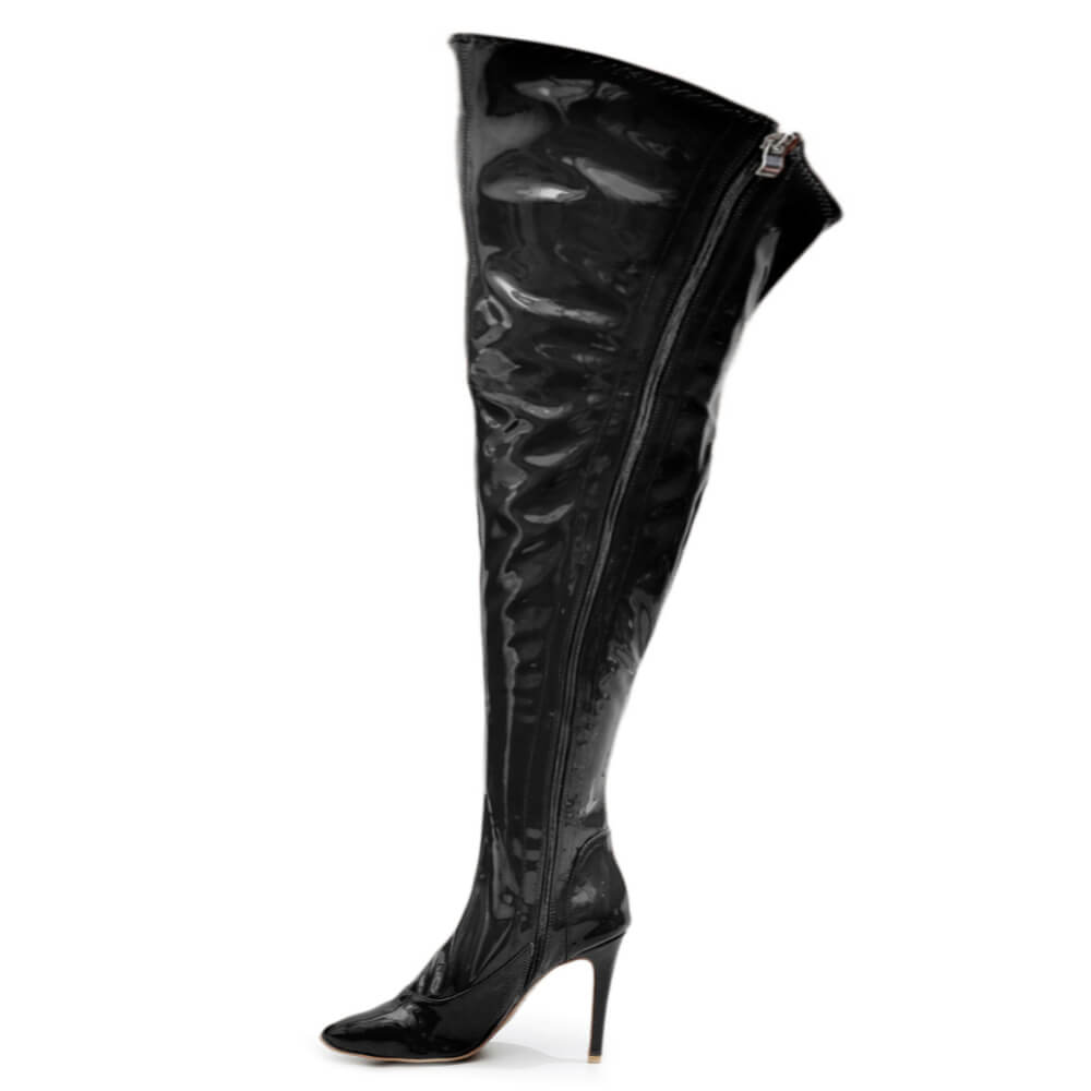 Courtneyy - Black Vegan Patent - Street Sole - Thigh Variant Six