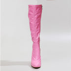 A single La Gogo Calf Boot - Pink Wet Look - Street Sole is shown against a plain background. This knee-high boot features a high platform block heel, side zipper, and a sleek glossy stretch vegan patent finish.