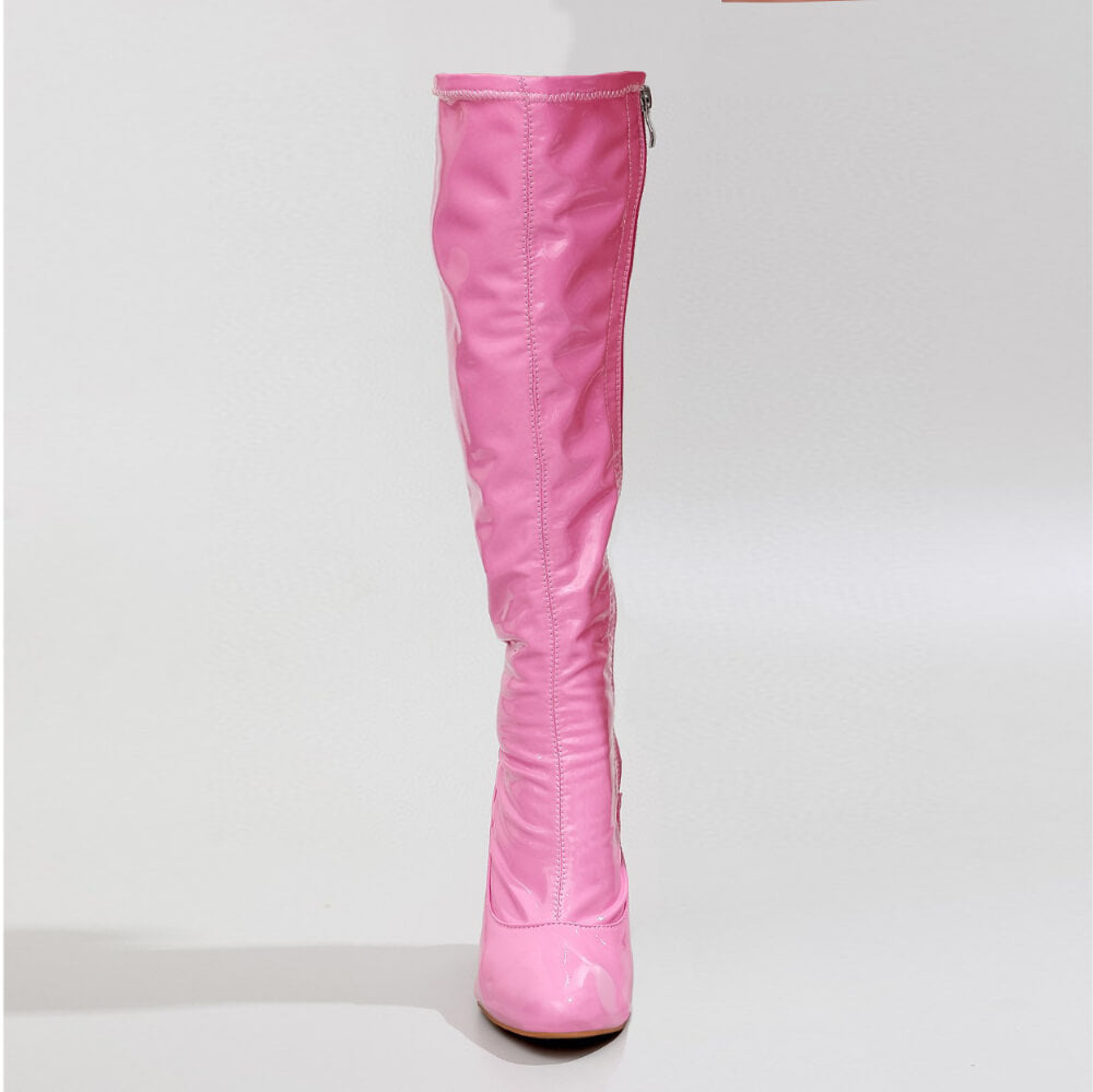 A single La Gogo Calf Boot - Pink Wet Look - Street Sole is shown against a plain background. This knee-high boot features a high platform block heel, side zipper, and a sleek glossy stretch vegan patent finish.