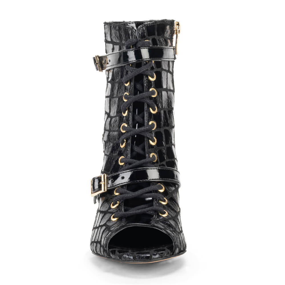Kylie - Black Faux Crocodile - Street Sole