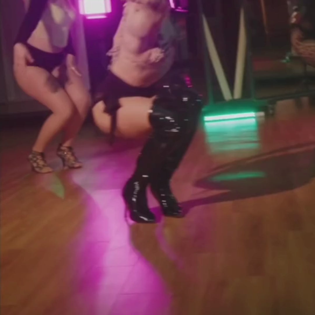 Savage Thigh High - Black Wet Look - Rubber Sole