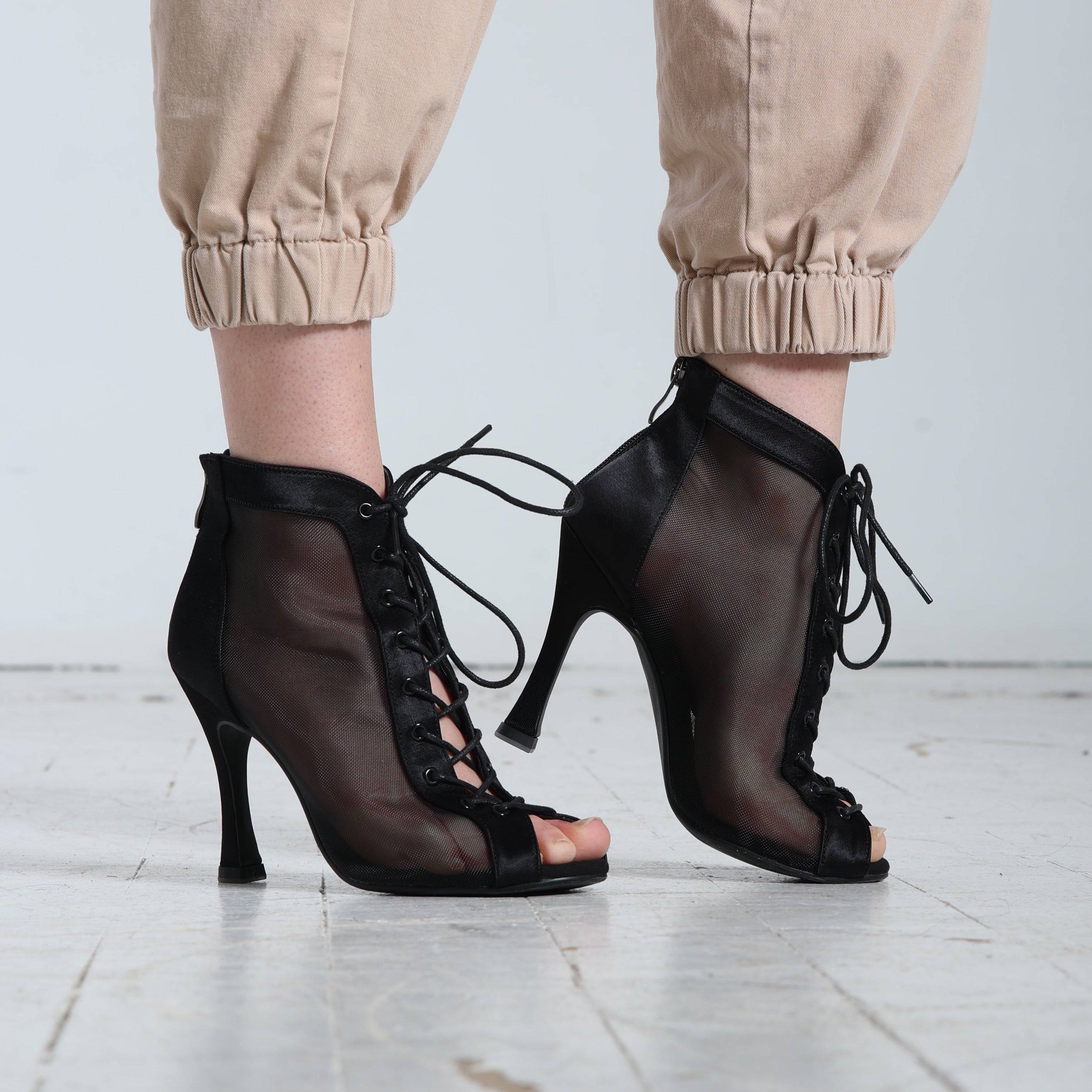 Simona - Black Satin - Suede Sole - Dance Floor Only